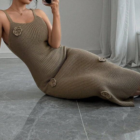 Coffee Brown Casual Women's Floral Camisole Sweater Dress And Cardigan Set - Picture 6 of 6